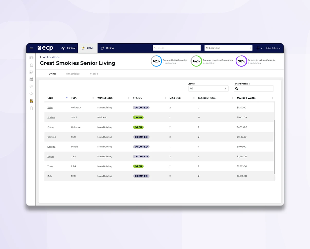 screenshot of ECP CRM